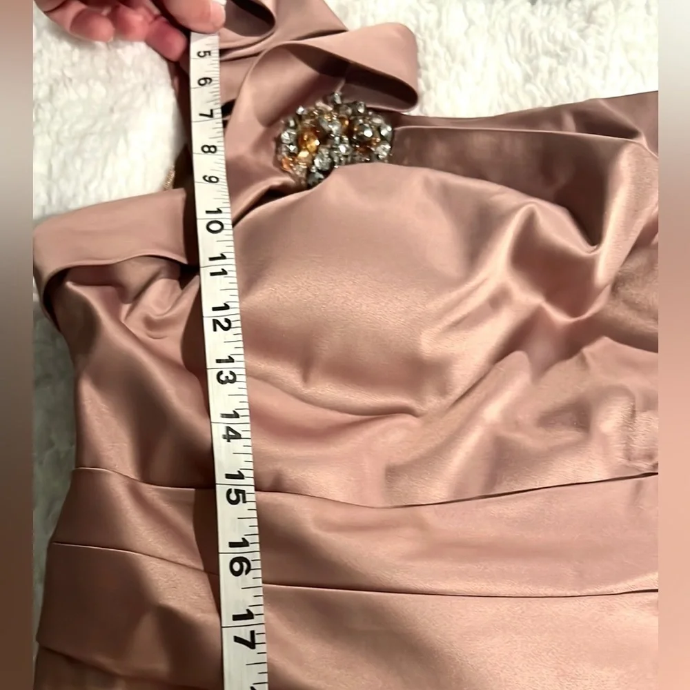 Cachet, Rose Gold Embellished One-Shoulder Dress, Side Zip, Ribboned Waist, 16